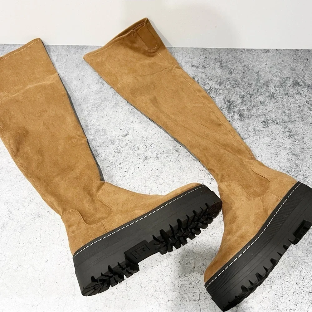 MARC FISHER Beige Lug Sole Comfort Stretch Philly Tan Block Boots 7.5